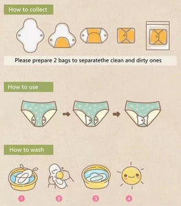 how to use and how to wash instructions on  the Elderly Incontinence Reusable Bamboo Charcoal Sanitary Panty Liner.