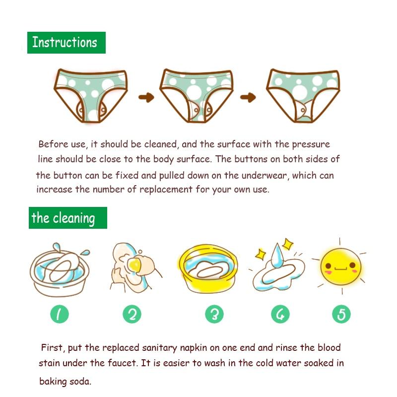 how to use and how to wash instructions on the Elderly Incontinence Reusable Bamboo Charcoal Sanitary Panty Liner.