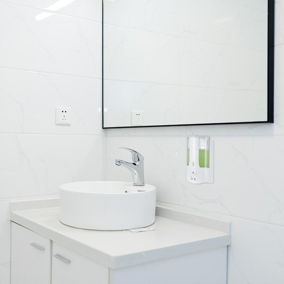 shows when the Smart Wall Soap Dispenser is mounted on the bathroom sink wall. 