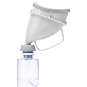 actual photo of the urinal funnel inserted in a regular plastic bottle.